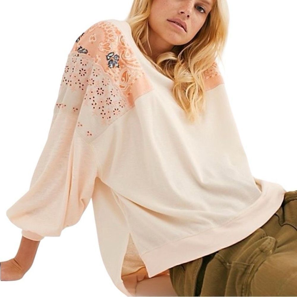Free‎ People We The Free Feelin It Pink Slouchy Patchwork Long Sleeve Top Medium - Picture 10 of 11